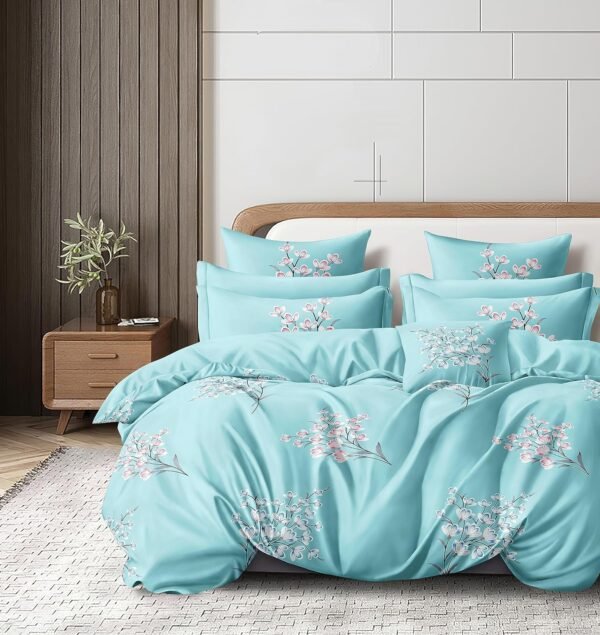 Cortina 140 TC 100% Microfiber Printed Double Bedsheet Set with Two Pillow Case | Queen Sheet Set|Breathable and Skin Friendly| (90x100 Inches, Leaf - Sky Blue)