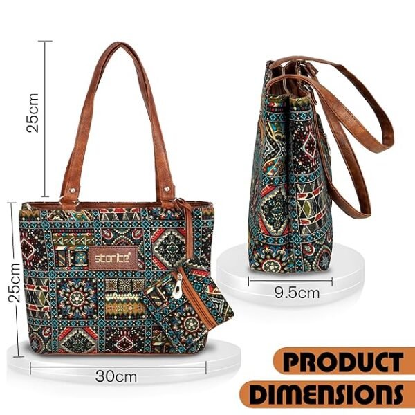 Storite Women's Tote Bag With Leather Handles & Embroidery Printed Handbag With Zip Pockets, Shoulder Tote Bag And Handbag For Office And College (30x25x9.5Cm), Multicolor - Image 2