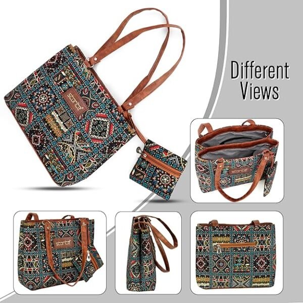 Storite Women's Tote Bag With Leather Handles & Embroidery Printed Handbag With Zip Pockets, Shoulder Tote Bag And Handbag For Office And College (30x25x9.5Cm), Multicolor - Image 4