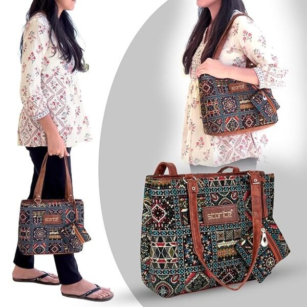 Storite Women's Tote Bag With Leather Handles & Embroidery Printed Handbag With Zip Pockets, Shoulder Tote Bag And Handbag For Office And College (30x25x9.5Cm), Multicolor - Image 5