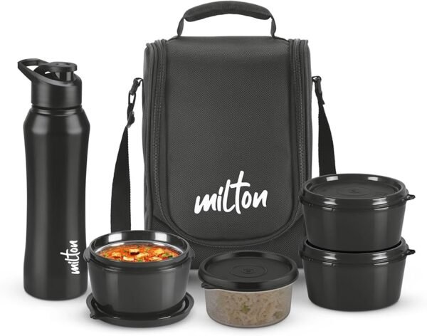 Milton Food Fiesta Tiffin (3 Microwave Safe Inner Steel Containers, 320 ml; 1 Plastic Container, 280 ml; 1 Comet Bottle, 750 ml)With Insulated Fabric Bag, Black, Leak Proof, Odour Proof, Easy to Carry