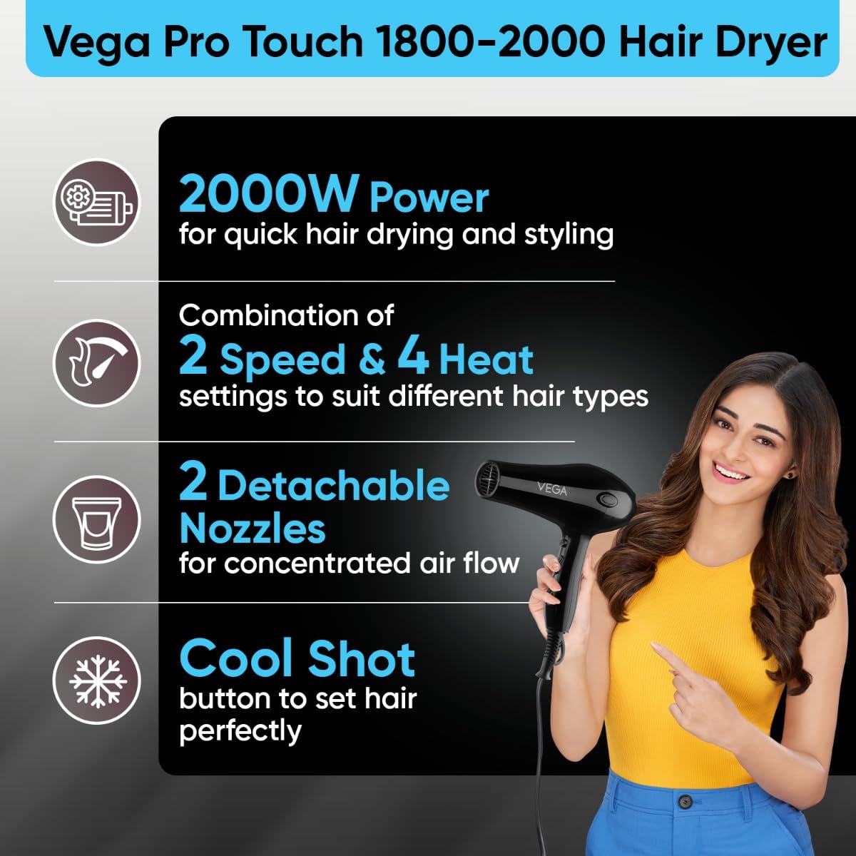 Vega VHDP-02 Professional Hair Dryer For Women & Men- (Pro Touch 1800-2000W) Cool Shot Button, 2 Heat/2 Speed Settings & 2 Detachable Nozzles|Black|2000 Watt - Image 3
