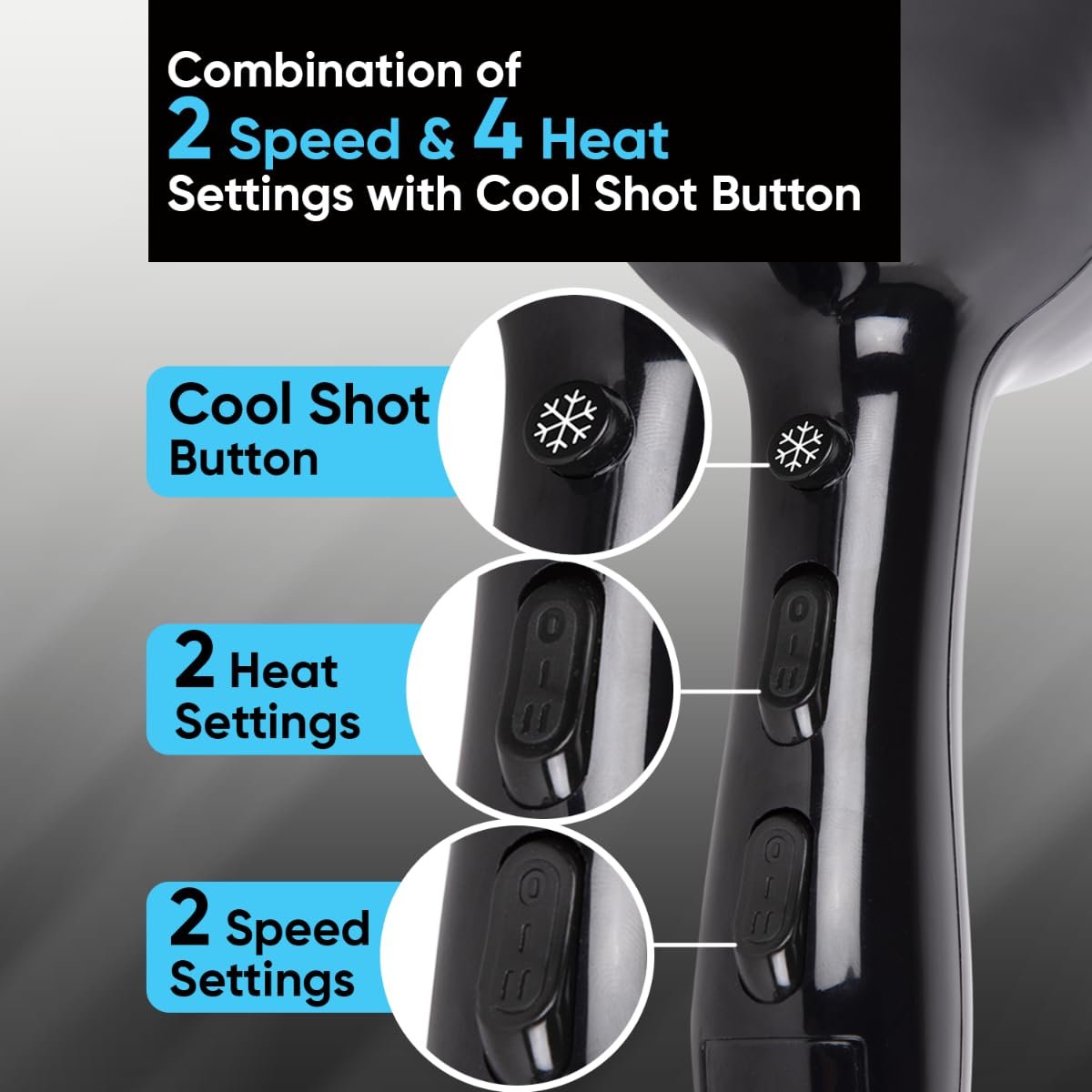 Vega VHDP-02 Professional Hair Dryer For Women & Men- (Pro Touch 1800-2000W) Cool Shot Button, 2 Heat/2 Speed Settings & 2 Detachable Nozzles|Black|2000 Watt - Image 4