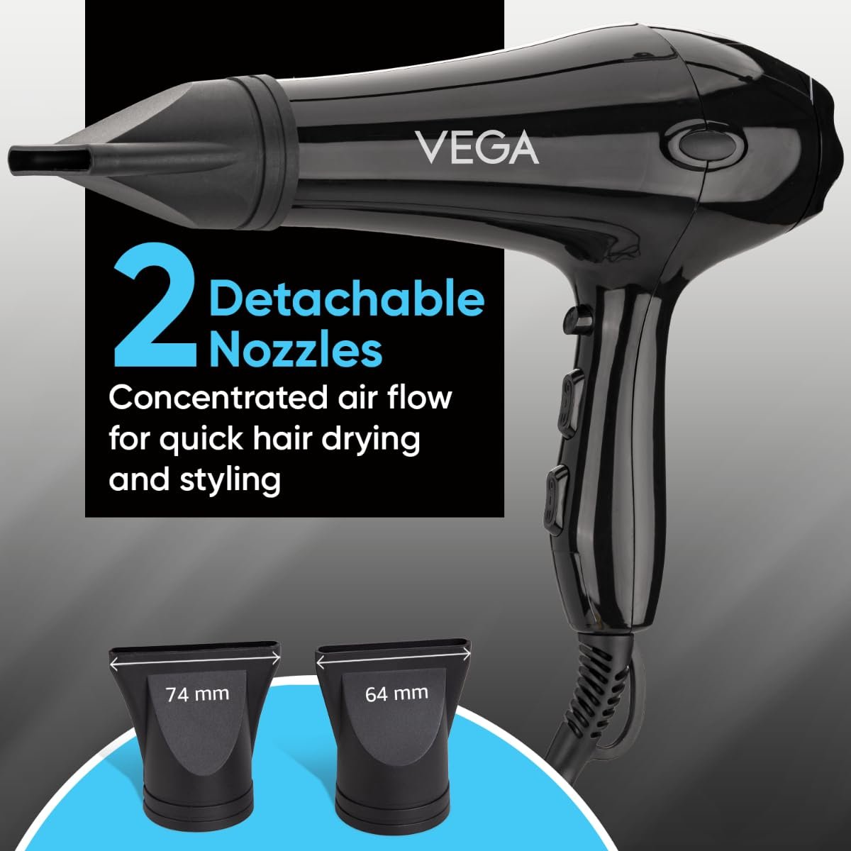 Vega VHDP-02 Professional Hair Dryer For Women & Men- (Pro Touch 1800-2000W) Cool Shot Button, 2 Heat/2 Speed Settings & 2 Detachable Nozzles|Black|2000 Watt - Image 5