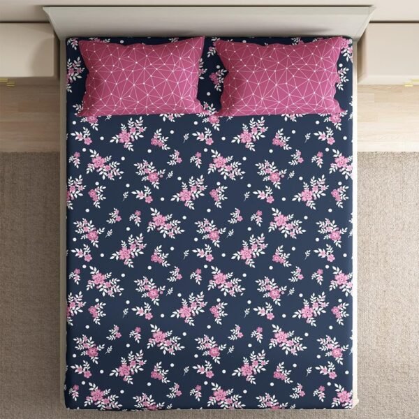 Wakefit Bedsheet for Double Bed King Size, King Size Bed Sheet Cotton, Elastic Bedsheets for King Size Bed, Cotton with 2 Pillow Covers (Elastic Fitted Sheet 78x72 : Paula) - Image 2