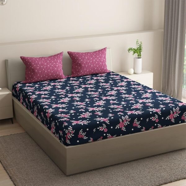 Wakefit Bedsheet for Double Bed King Size, King Size Bed Sheet Cotton, Elastic Bedsheets for King Size Bed, Cotton with 2 Pillow Covers (Elastic Fitted Sheet 78x72 : Paula)