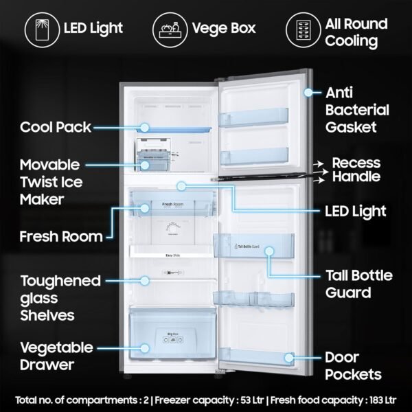 Samsung 236 L, 3 Star, Convertible, Digital Inverter with Display Frost Free Double Door Refrigerator (RT28C3733S8/HL, Silver, Elegant Inox, 2024 Model) - Image 3