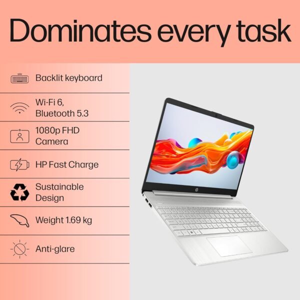 HP 15, 12th Gen Intel Core i5-1235U, 16GB DDR4, 512GB SSD, (Win 11, Office 21, Silver, 1.69kg), Anti-Glare, 15.6-inch(39.6cm) FHD Laptop, Intel Iris Xe Graphics, HD Camera, Backlit Keyboard, fy5009tu - Image 2
