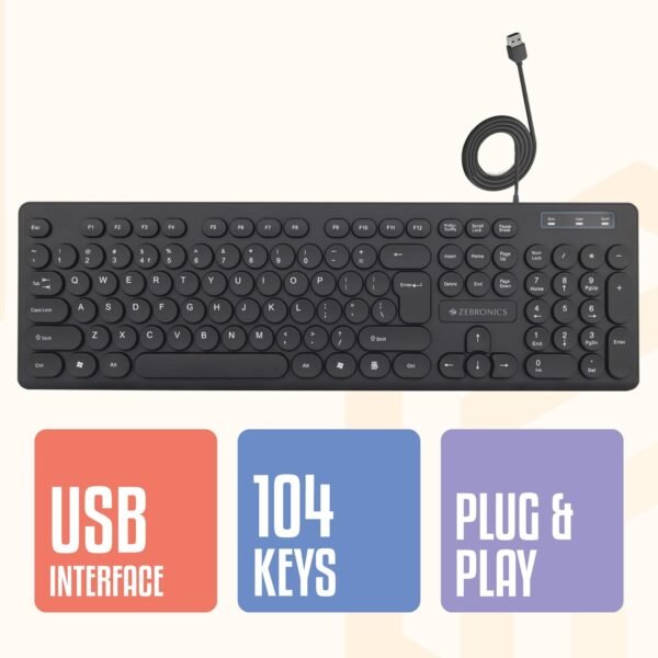 ZEBRONICS K24 USB Keyboard with Long Life 8 Million Keystrokes, Silent & Comfortable Use, Slim Design, Retractable Stand, 1.3 Meter Textured Cable, Chiclet Keys and Uv Coated Keycaps - Image 4