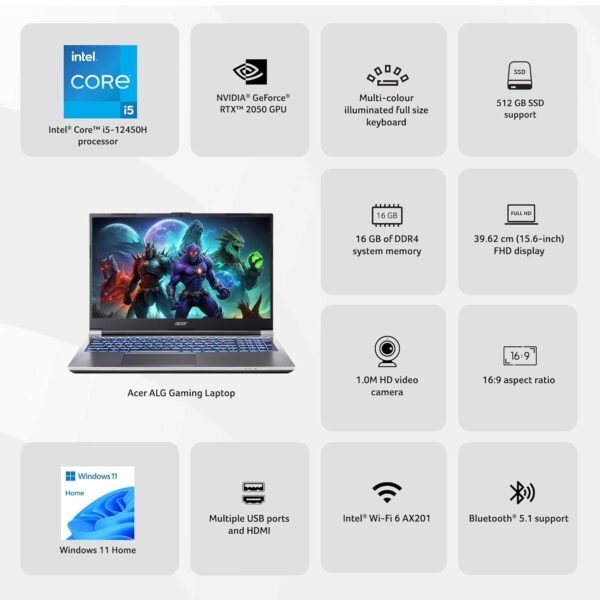 Acer ALG Gaming Laptop 12th Gen Intel Core i5 Processor (16GB RAM/512GB SSD/4GB RTX2050/60Hz/Windows11Home/Wifi 6) AL15G-52, 39.62cm (15.6") Full HD, Premium Metal Body, Steel Gray, 1.99KG - Image 2