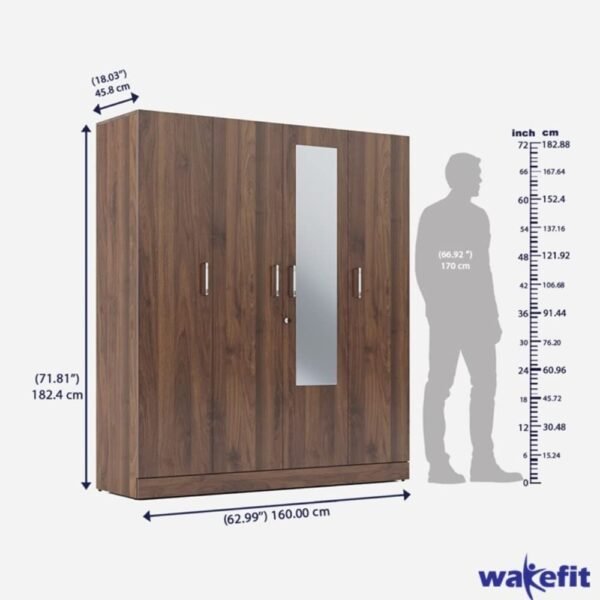 Wakefit Wardrobe | 1 Year Warranty | Wardrobe Wooden, Almirah, Cupboard, Wooden Wardrobe, Almari, Gingham 4 Door, Mirror, 1 Drawer and 1 Hanging Space, 18MM Panels (Columbian Walnut) - Image 2