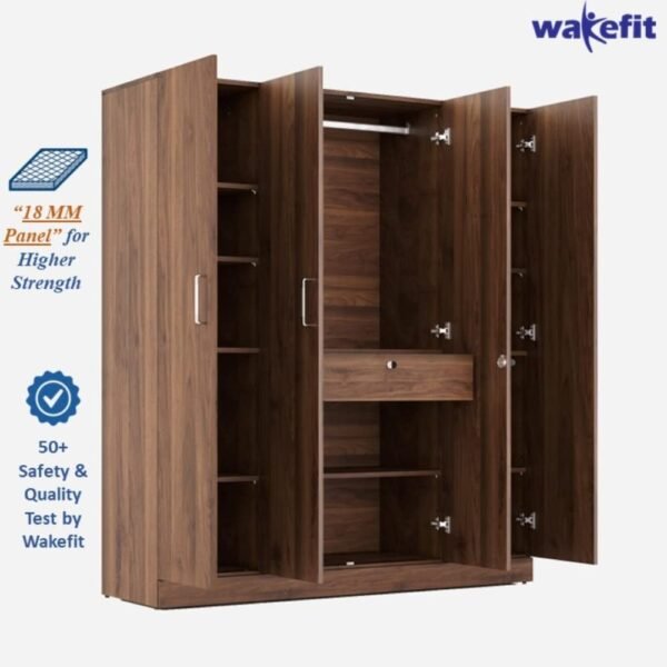 Wakefit Wardrobe | 1 Year Warranty | Wardrobe Wooden, Almirah, Cupboard, Wooden Wardrobe, Almari, Gingham 4 Door, Mirror, 1 Drawer and 1 Hanging Space, 18MM Panels (Columbian Walnut) - Image 5