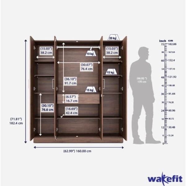 Wakefit Wardrobe | 1 Year Warranty | Wardrobe Wooden, Almirah, Cupboard, Wooden Wardrobe, Almari, Gingham 4 Door, Mirror, 1 Drawer and 1 Hanging Space, 18MM Panels (Columbian Walnut) - Image 6
