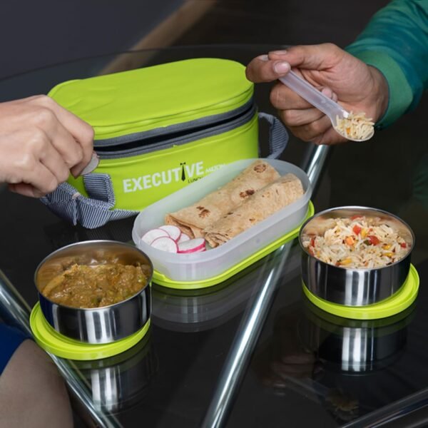 MILTON Executive Lunch Box, 2 Round Inner Steel Round Containers 280ml Each and 1 Microwave Safe Oval Plastic Container, 450ml with Insulated Bag, Office Tiffin for Leak-Proof, Easy to Carry, Green - Image 2