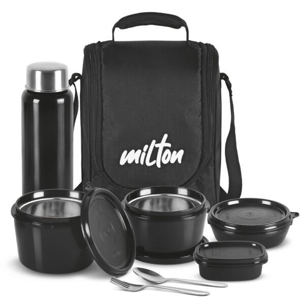 MILTON Pro Lunch Box with Steel Cutlery, 3 Microwave Safe Inner Steel Containers (180ml, 320ml, 450ml) Plastic Chutney Dabba 100ml, Steel Bottle 750ml with Insulated Bag, Office Tiffin, Black - Image 2