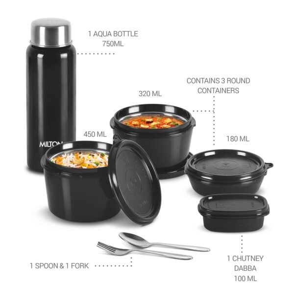MILTON Pro Lunch Box with Steel Cutlery, 3 Microwave Safe Inner Steel Containers (180ml, 320ml, 450ml) Plastic Chutney Dabba 100ml, Steel Bottle 750ml with Insulated Bag, Office Tiffin, Black - Image 5