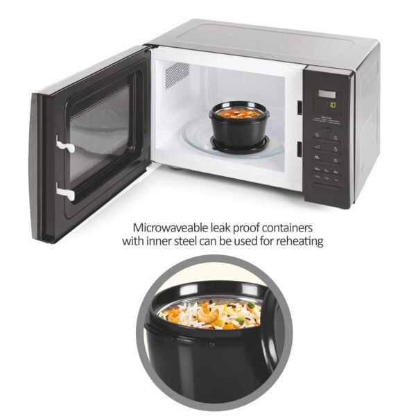MILTON Pro Lunch Box with Steel Cutlery, 3 Microwave Safe Inner Steel Containers (180ml, 320ml, 450ml) Plastic Chutney Dabba 100ml, Steel Bottle 750ml with Insulated Bag, Office Tiffin, Black - Image 3