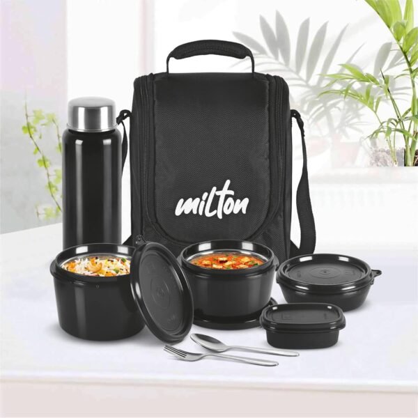 MILTON Pro Lunch Box with Steel Cutlery, 3 Microwave Safe Inner Steel Containers (180ml, 320ml, 450ml) Plastic Chutney Dabba 100ml, Steel Bottle 750ml with Insulated Bag, Office Tiffin, Black