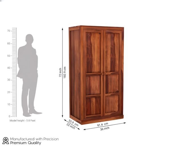 Kunjal Furniture Wooden Cupboard for Clothes | sheesham Wood Wardrobe with 1 Drawwer Storage | Solid Wood Large Cupboard Storage Cabinet Natural Colour Finish (Logan) - Image 2