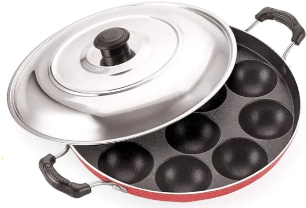 Appam Patra with Lid and Side Handle/ kulipaniyaram pan nonstick/ appe/panniyaram kadai/Paniyaram/Appam Pan/Appam Maker/appam kadai/idali Maker/idli Pan kadai/litti maker Paniarakkal with Lid Paniarakkal with Lid 0.5 L capacity 23 cm diameter (Aluminium, Non-stick) - Image 2