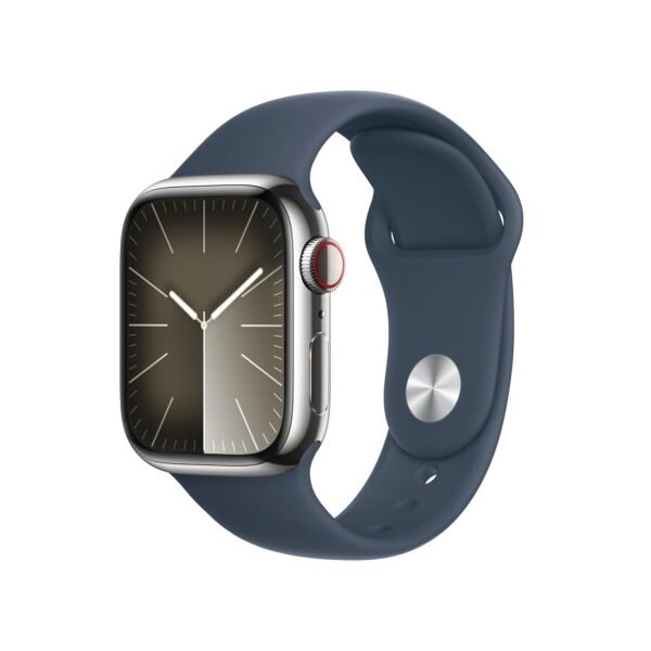 Apple Watch Series 9 [GPS + Cellular 41mm] Smartwatch with Silver Stainless steel Case with Storm Blue Sport Band S/M. Fitness Tracker, Blood Oxygen & ECG Apps,Always-On Retina Display,Water Resistant