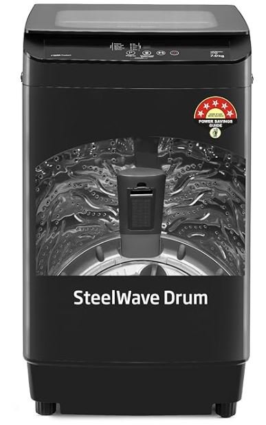 Voltas Beko, Top Load 7 Kg 5 Star Eco Wash/Monsoon Dry Fully-Automatic Washing Machine (WTL70, Water Reuse, Side Waterfall, Mansoon Dry, Dark Grey)